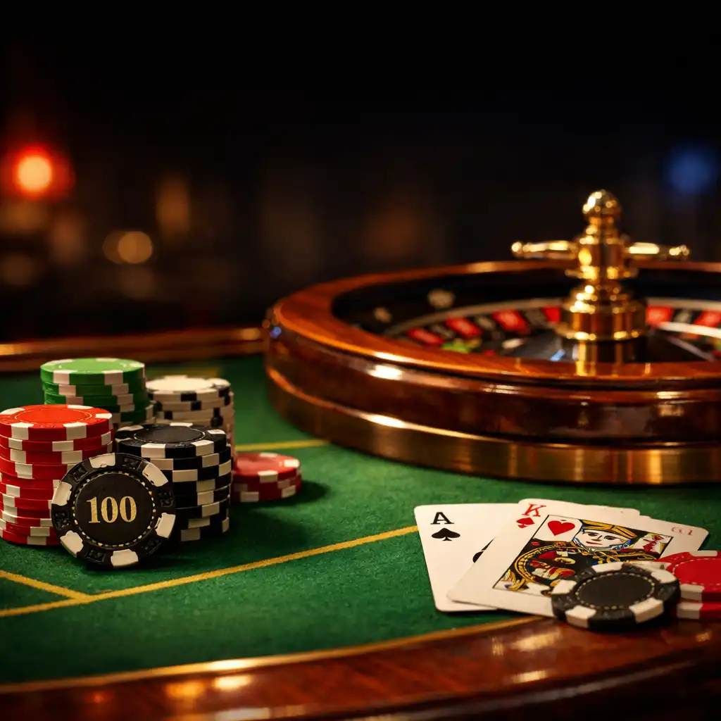 Detale stołu casino z żetonami