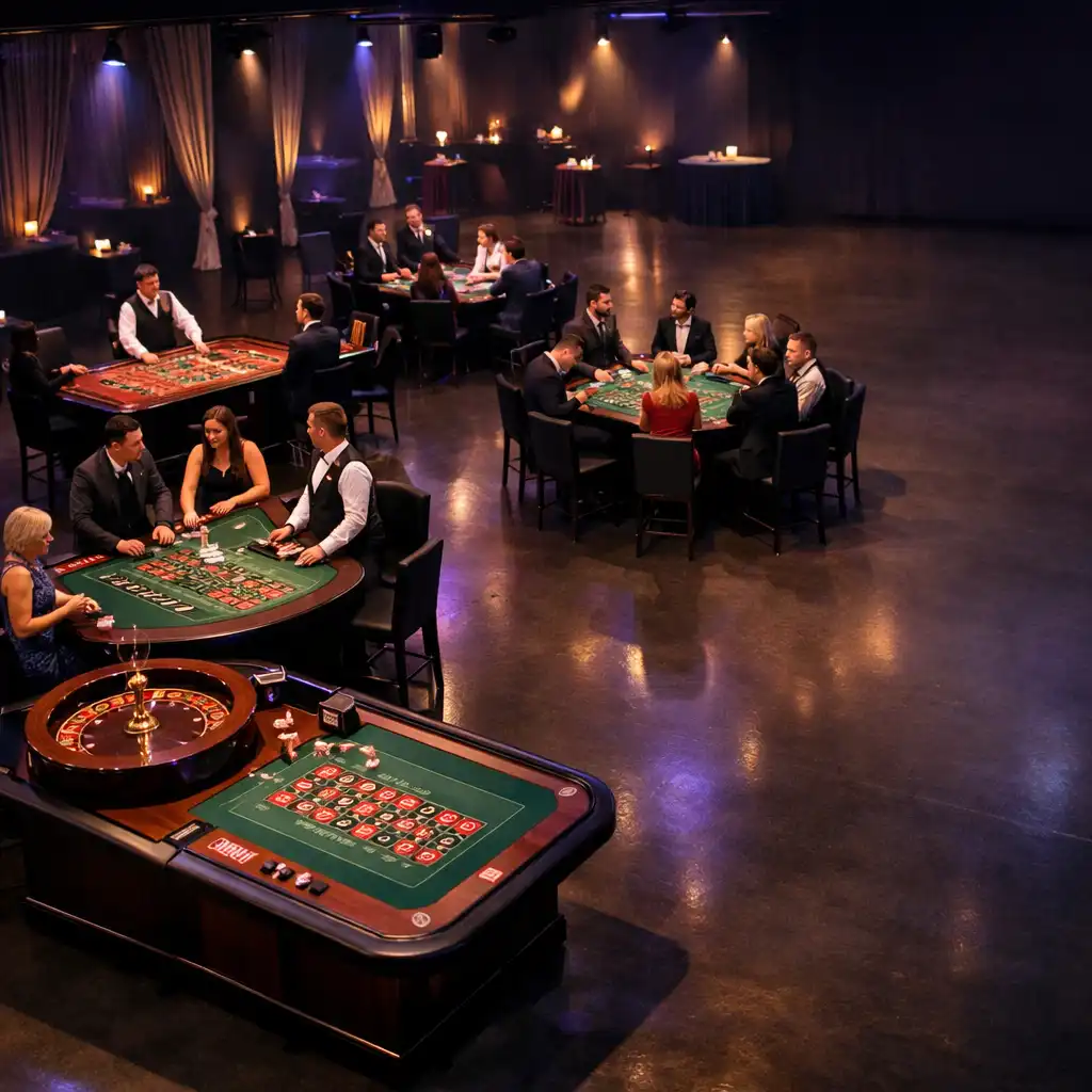 Mobilny event casino z wieloma stołami i gośćmi