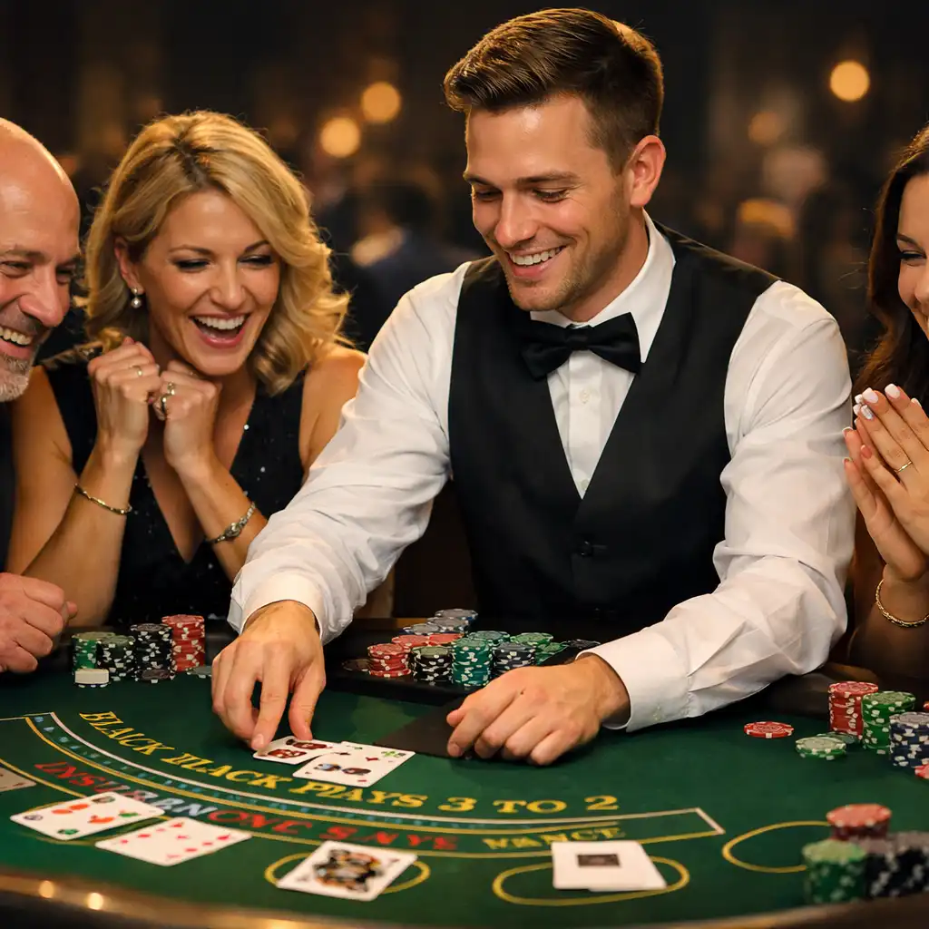 Zaangażowani uczestnicy przy stole blackjacka